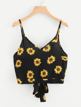 Tie Back Sunflower Print Cami Top With ShortsFor Women-romwe