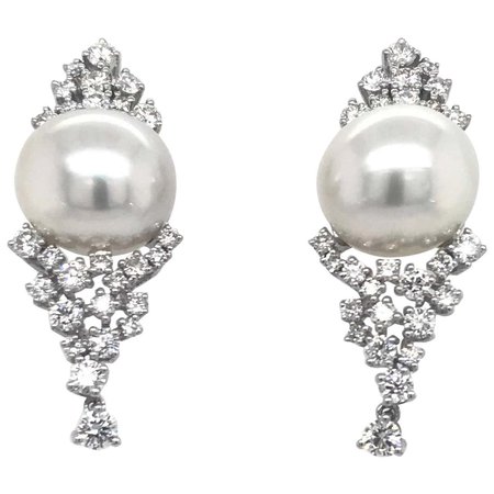 Diamond Cluster South Sea Pearl Drop Earrings 2.56 Carat 18 Karat White Gold For Sale at 1stDibs