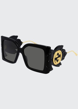 Gucci Square Acetate Sunglasses w/ Oversized Leaf & GG Temples - Bergdorf Goodman