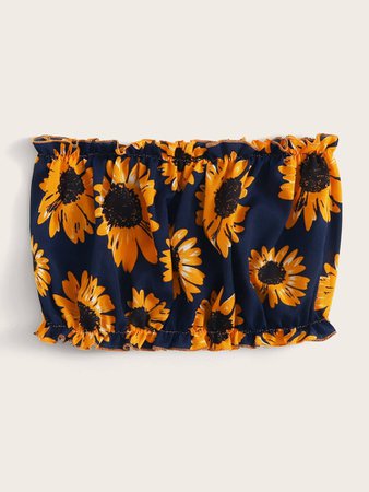 Ruffled Sunflower Print Cropped Tube Top | SHEIN USA