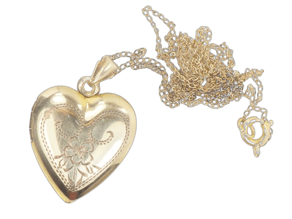 Vintage Gold Filled Heart Locket Necklace, Vargas Gold Tone Engraved Locket, Floral Picture Locket, Heart Photo Locket Necklace 20"
