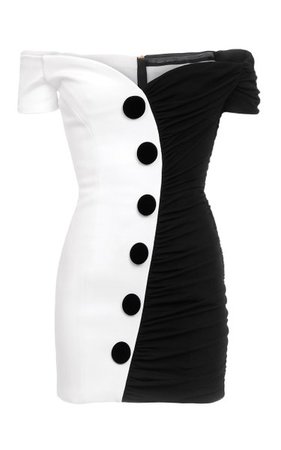 Two-Tone Ruched Crepe Off-The-Shoulder Mini Dress By Balmain | Moda Operandi
