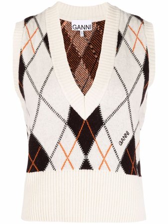 Shop GANNI argyle-knit sleeveless vest with Express Delivery - FARFETCH