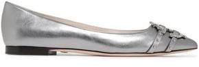 Embellished Metallic Textured-leather Point-toe Flats