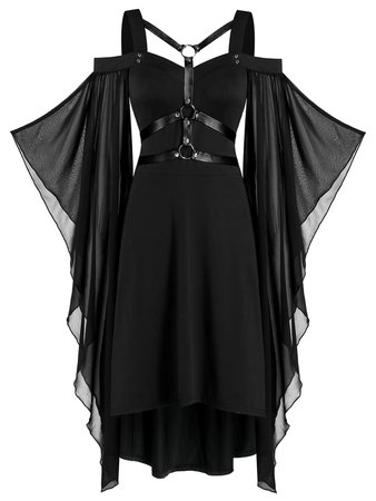 [42% OFF] 2021 Chiffon Batwing Sleeve Lace-up Harness Insert High Low Dress In BLACK | DressLily