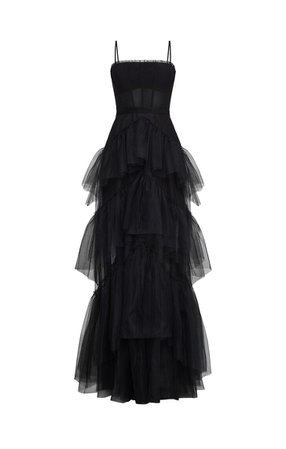 Oly Tiered-Ruffle Tulle Gown - Black | BCBG.com
