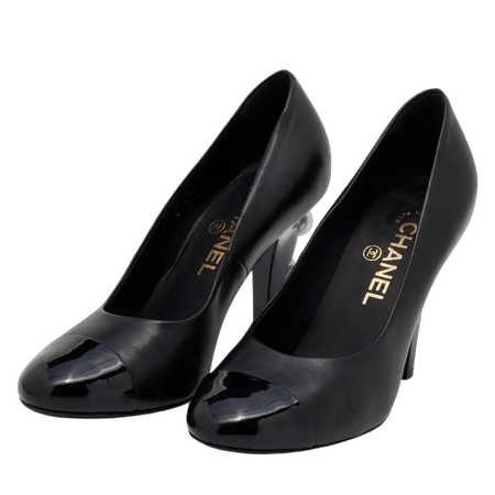 Chanel Black Leather Patent Leather Cap Pearl Embellished Heels Pumps