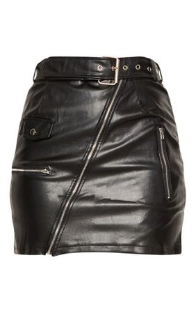 Black Faux Leather Biker Belted Mini Skirt | PrettyLittleThing