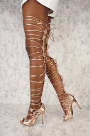 Sexy Rose Gold Strappy Thigh High Single Sole High Heels