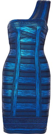 One-shoulder Metallic Printed Stretch-knit Mini Dress - Blue