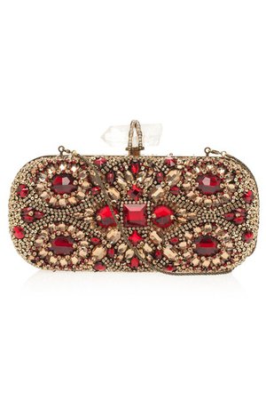 Marchesa Evening Bag New Lily Embroidered Gold Red Beaded Clutch - Tradesy