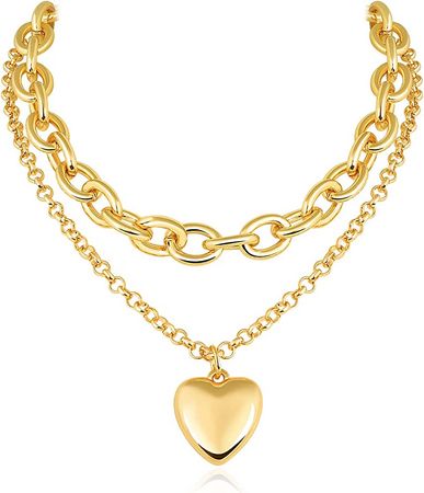 Amazon.com: Chunky Double Layered Pendant Necklace: 14k Gold Plated Heart Shaped Thick Cable Chain Fashion Jewelry - Silver Paperclip Dainty Trendy Multilayer Long Necklace for Women Men Girls (Gold): Clothing, Shoes & Jewelry