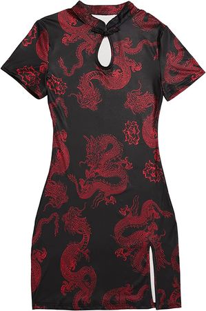 SOLY HUX Women's Chinese Cheongsam Dragon Print Qipao Mini Bodycon Dress Black Red M at Amazon Women’s Clothing store