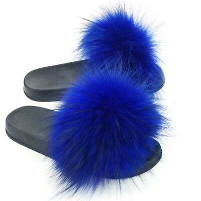 UK Women Real Fur Flat Fur Fluffy Sliders Slippers Comfy Sandals Flip Flop Shoes | eBay