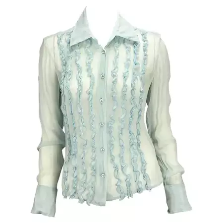 S/S 1999 Gucci by Tom Ford Baby Blue Ruffle Sheer Silk Button Up Top For Sale at 1stDibs