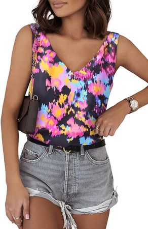 BLENCOT Print Tank Tops for Women V Neck Silk Summer Satin Sleeveless Floral Print Blouse Basic Camisole Shirts Black Small at Amazon Women’s Clothing store