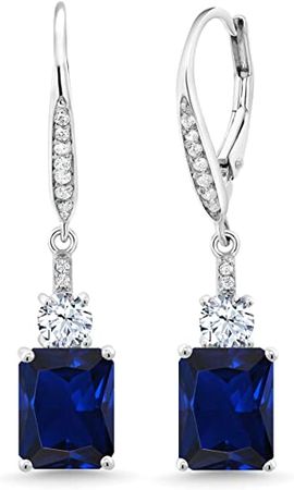 Amazon.com: Gem Stone King 925 Sterling Silver Blue Created Sapphire Dangle Earrings for Women (5.40 Cttw, Emerald Cut 9X7MM): Clothing, Shoes & Jewelry