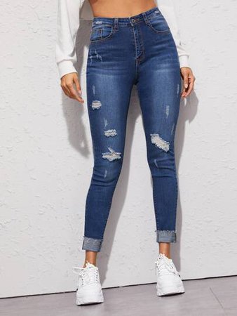 high High Waisted Ripped Cuffed Hem Skinny Jeans, SHEIN USA