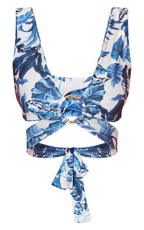Blue Porcelain Print O Ring Cut Out Bikini Top | PrettyLittleThing USA