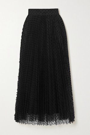 Charm Pleated Polka-dot Flocked Tulle Midi Skirt - Black