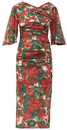 Ruched Geranium Print Silk Blend Midi Dress - Womens - Red Multi