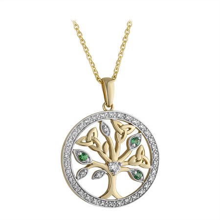 Irish Necklace | 14k Gold Diamond and Emerald Circle Celtic Tree of Life Pendant
