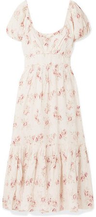 Angie Gathered Floral-print Linen Maxi Dress - Cream
