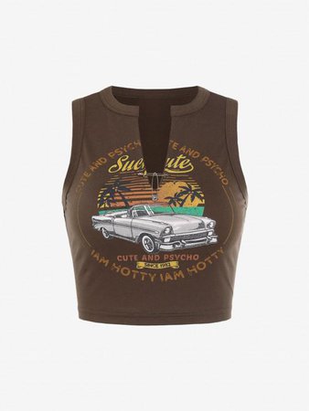 [32% OFF] 2022 Coconut Tree Cat Print Paper Clip V Notched Tank Top In COFFEE | ZAFUL