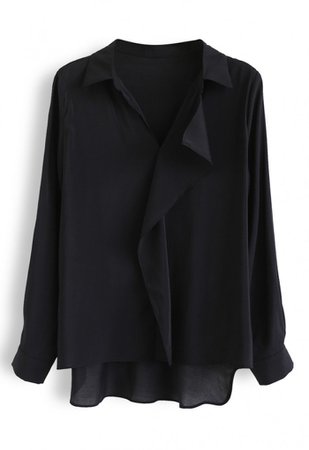 Hi-Lo Hem V-Neck Ruffle Front Shirt in Black - NEW ARRIVALS - Retro, Indie and Unique Fashion