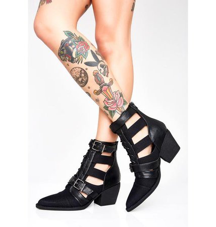 Cut-Out Pointed Toe Buckle Boots | Dolls Kill