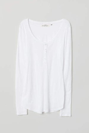 Fitted Henley Top - White