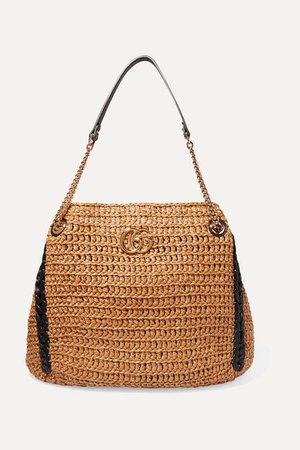 Gucci | GG Marmont large leather-trimmed raffia tote | NET-A-PORTER.COM
