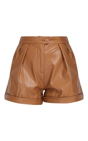 Camel Faux Leather Pleat Detail Shorts | PrettyLittleThing