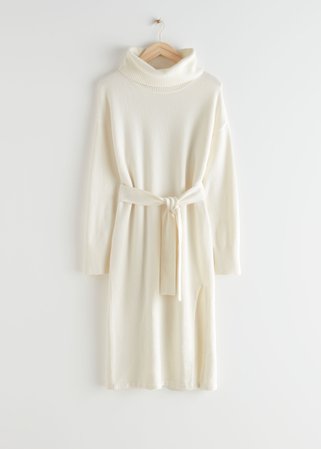 Relaxed Belted Turtleneck Midi Dress - White - Midi dresses - & Other Stories