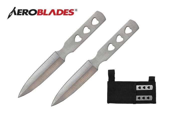 2 Pcs Aero Blades Triple Heart Throwing Knife Set with Sheath 5.5 inches Thrower - A1020E