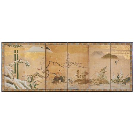 Japanese Edo Six-Panel Screen Seasonal Winter Landscape For Sale at 1stDibs