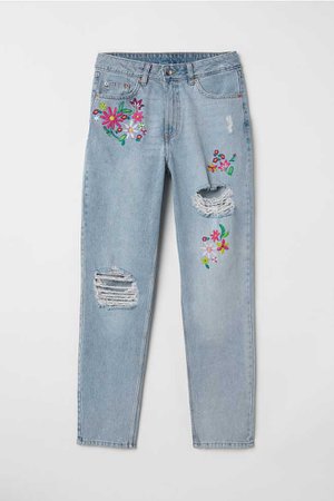 Slim Mom Jeans - Light denim blue/flowers - Ladies | H&M US