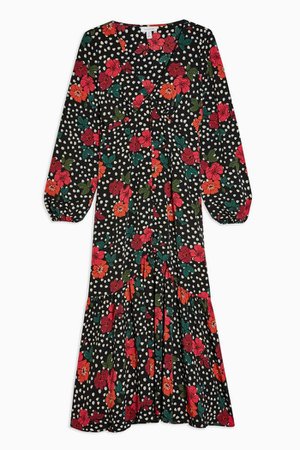 Floral Button V Neck Midi Dress | Topshop black red