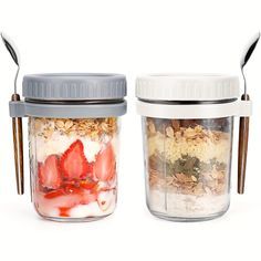 1/2pcs Multipurpose Glass Food Jars For Overnight Oats, Cereal, Milk, Vegetable And Fruit Salad - Includes Lid And Spoon - Measurement Marks For Easy Portion Control