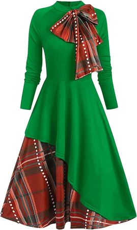 Amazon.com: Christmas Party Dress Women Vintage 1950s Long Sleeve Plaid Patchwork Cocktail Swing Madi Retro Prom Dress : Clothing, Shoes & Jewelry