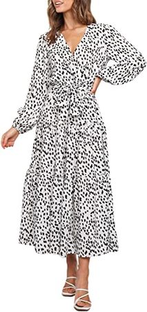 PRETTYGARDEN Women’s Long Sleeve V Neck Leopard Print Ruffle Tiered Maxi Dress Tie Waist Boho Chiffon Flowy Long Dress at Amazon Women’s Clothing store