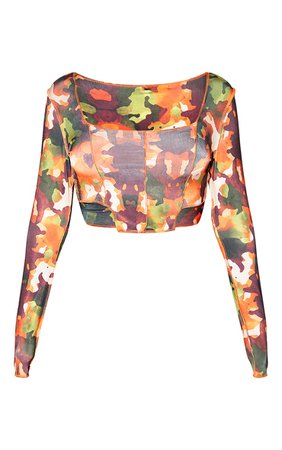 Orange Abstract Camo Slinky Contrast Seam Crop Top | PrettyLittleThing USA