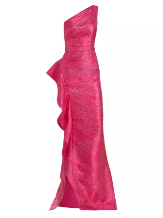 Shop Teri Jon by Rickie Freeman Jacquard One-Shoulder Ruffle Column Gown | Saks Fifth Avenue