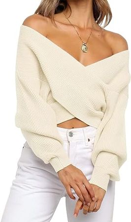 ZCSIA Women's Wrap V Neck Cropped Sweaters 2024 Fall Long Sleeve Cross Front Off Shoulder Solid Knitted Pullover Tops at Amazon Women’s Clothing store
