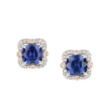 Fabergé Ella 2 Cushion Sapphires 3.49 Carat and Round White Diamonds Earrings For Sale at 1stdibs