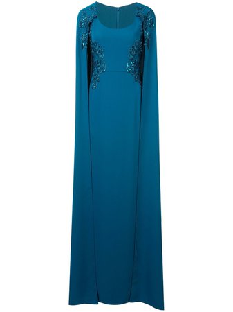 Shop blue Marchesa Notte cape-effect embroidered gown with Express Delivery - Farfetch