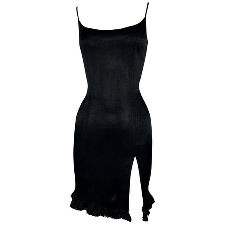 *clipped by @luci-her* 1998 Christian Dior John Galliano Runway Black High Slit Fringe Mini Dress