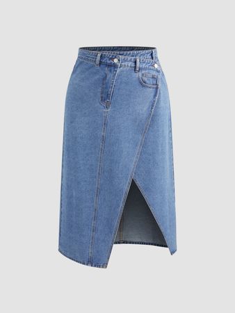 Denim Mid Waist Solid Asymmetrical Maxi Skirt Curve & Plus - Cider