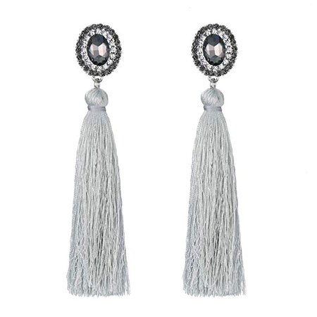 Long Tassel Earrings, Bohemian Thread Fringe Drop Earrings with Paved Crystals for Girls (Grey): Clothing