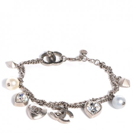 CHANEL Crystal Pearl Heart CC Charm Bracelet Silver 68442